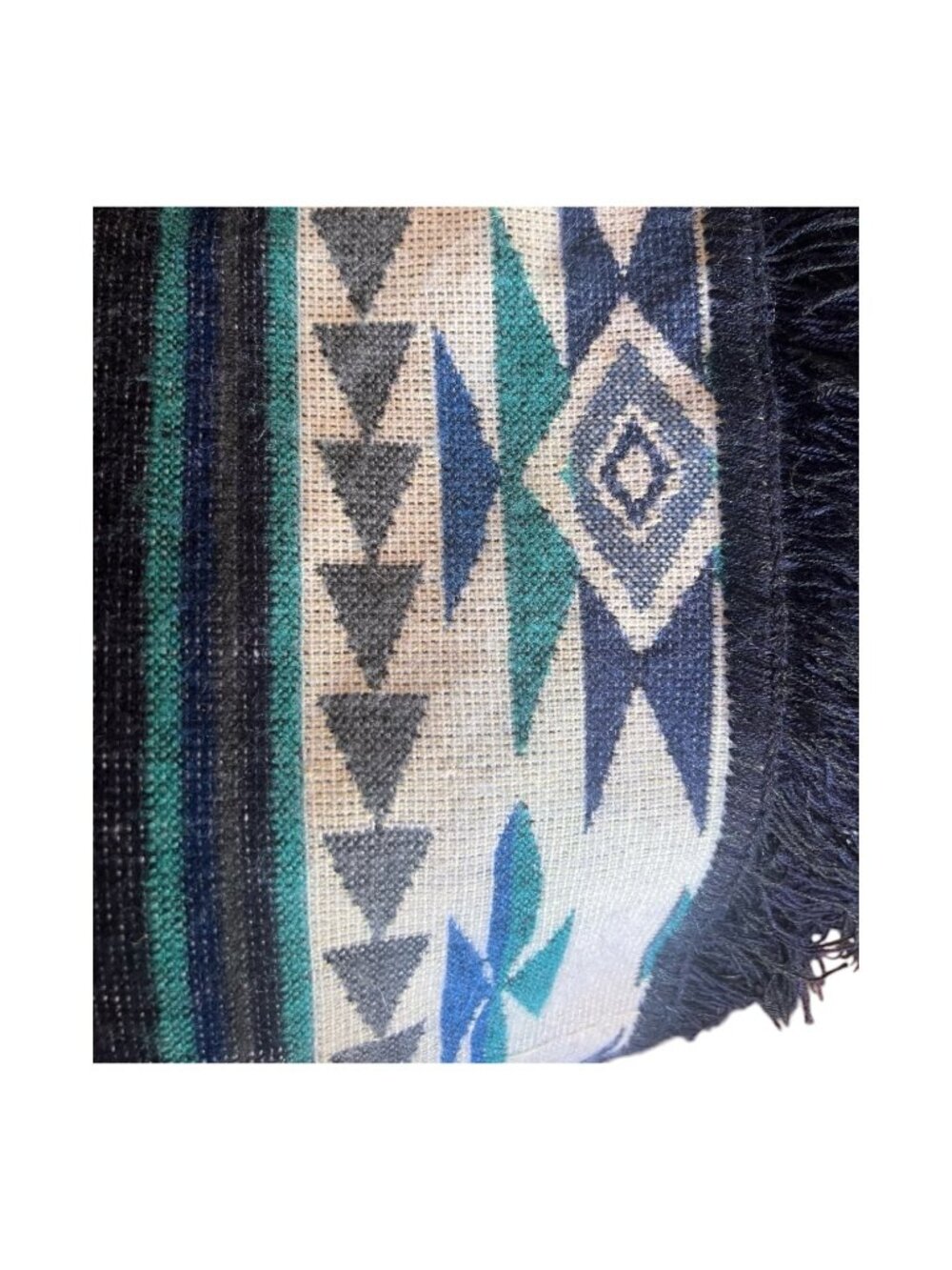Ecuadorian Poncho Kids 8 Handmade Alpaca Wool Hood & Fringe Blue White Turquoise - Picture 8 of 12